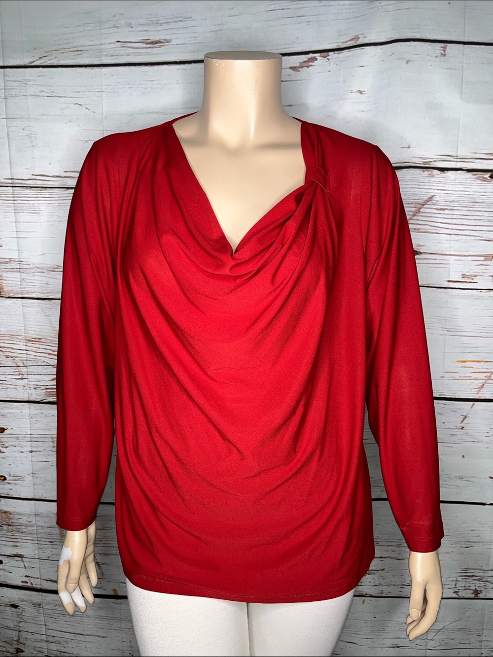 Roz & Ali Woman Size 3X Red Drape Cowl Neckline Long Sleeve Blouse Top